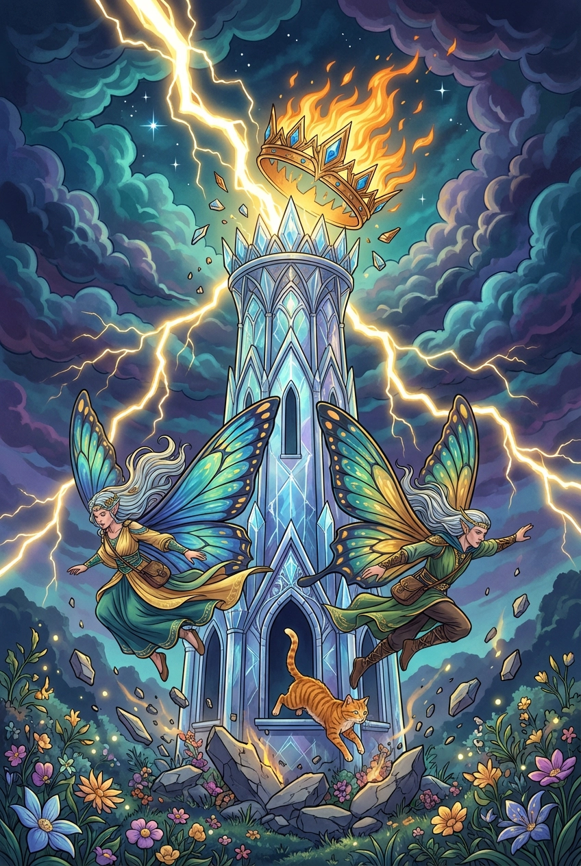 Der Turm — Große Arkana, gemalt als Elfenwelt