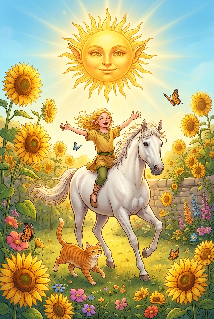 Die Sonne — Große Arkana, gemalt als Elfenwelt