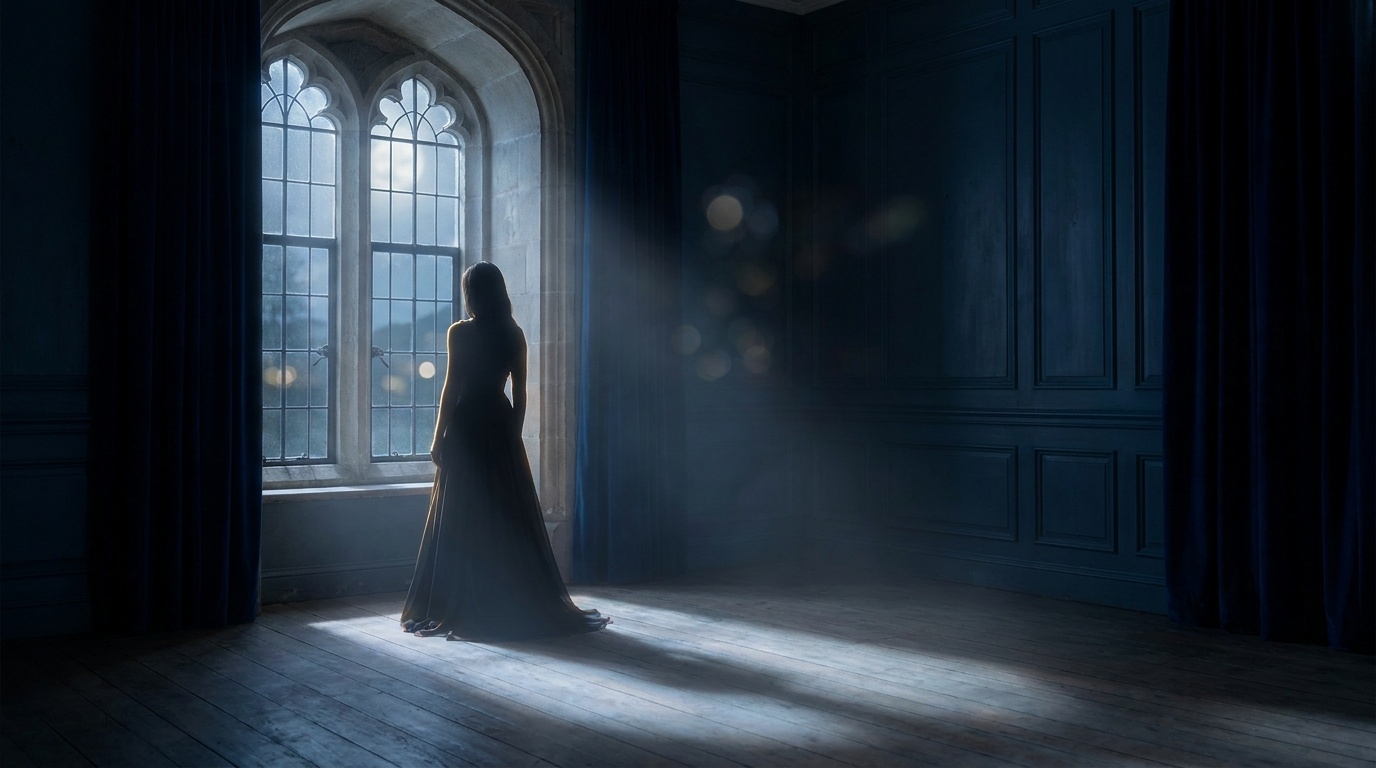 Eine Silhouette an einem hohen Fenster, Mondlicht fällt in den dunklen Raum