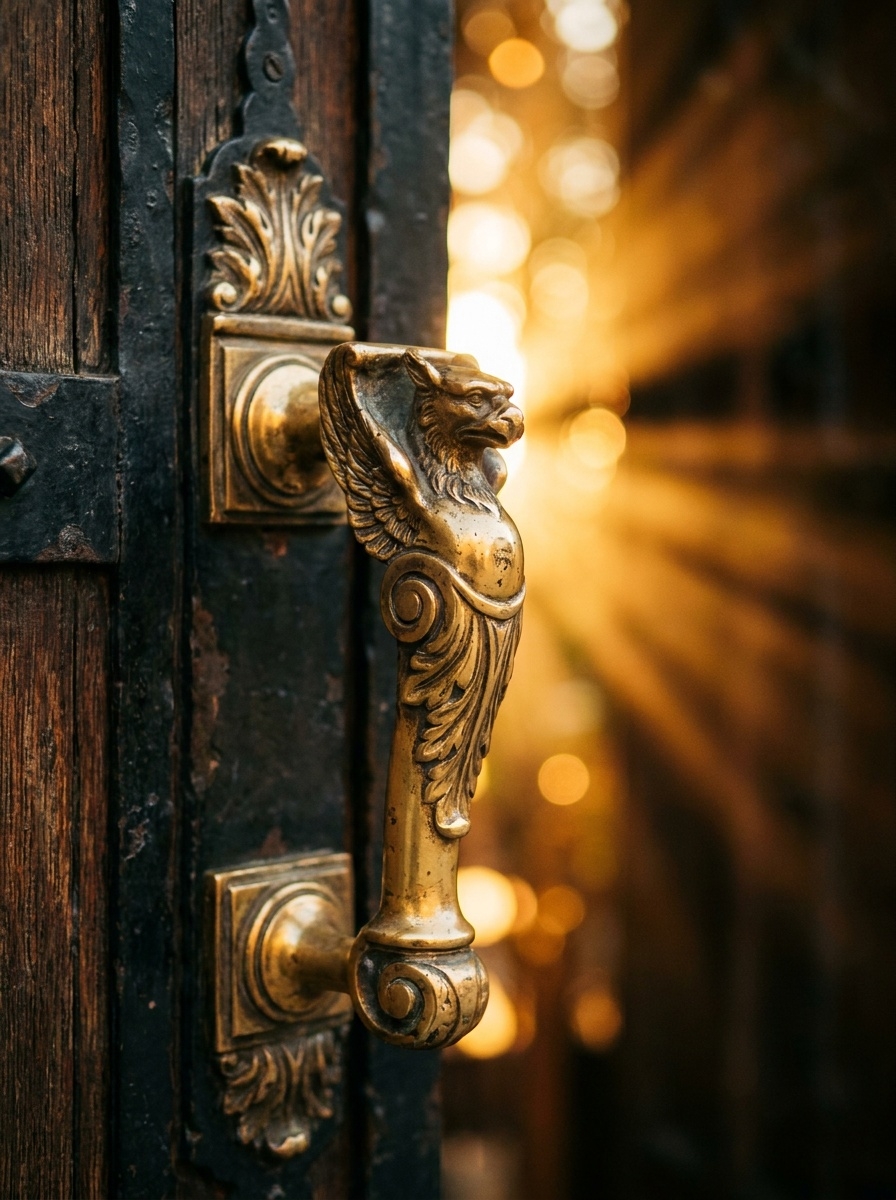 Ein goldener Türgriff an einer dunklen Flügeltür, warmes Licht im Türspalt