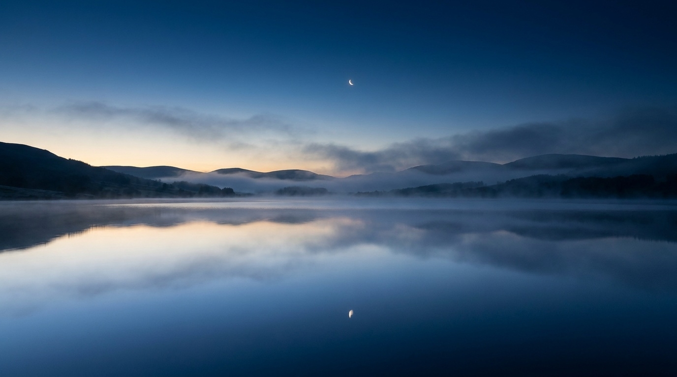 Dämmerungslandschaft mit Nebelschichten über einem stillen See